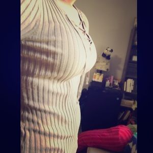 Ribbed Tan V-Neck Sweater with string lacing